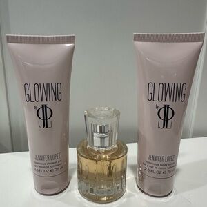 New! Glowing by J Lo Jennifer Lopez 1.0oz EDP Spray Body Lotion Shower Gel Set.